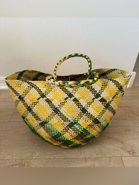 Handwoven Yellow & Green Check Straw Tote, Basket Bag, Market, Farmersmarket